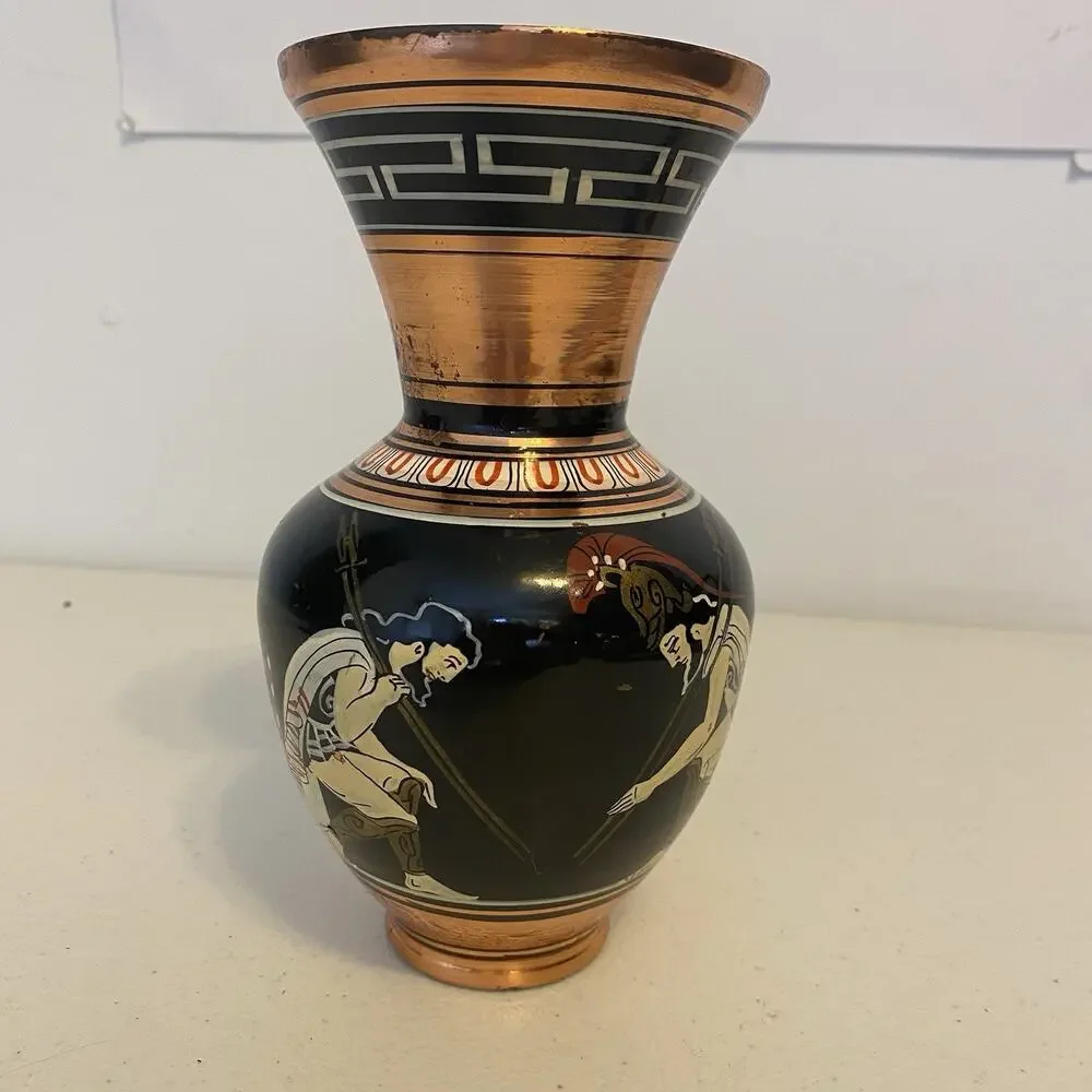 Vintage Greek Artwork HandPainted Human Figure Copper Vase Decorative Classical